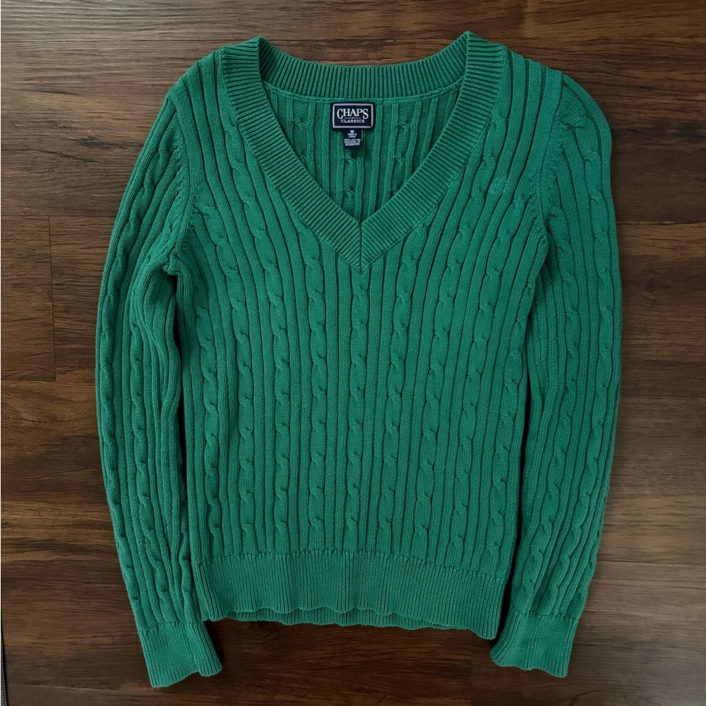CHAPS Cable Knit V-Neck Sweater Cotton Green‎ Medium